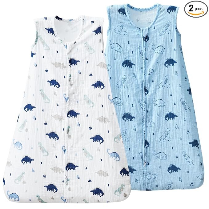 david's kids Muslin Cotton Baby Sleep Sack 12-18 Months, 2 Pack 100% Cotton Sleeping Bag for Summer, TOG 0.5 Baby Wearable Blankets with 2-Way Zipper, Soft Sleep Sacks for Newborn Infant, Dinosaur