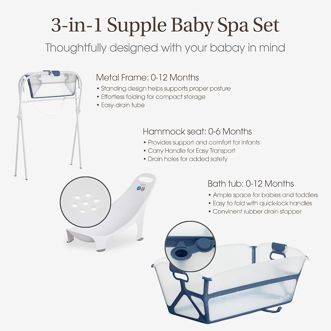 Evolur Supple Baby Spa Set with Infant Bathtub, Hammock Support Seat & Metal Frame, Newborn Tub for 0–12 Months, Complete Baby Care Essentials Gift Set for New Parents, Navy Blue