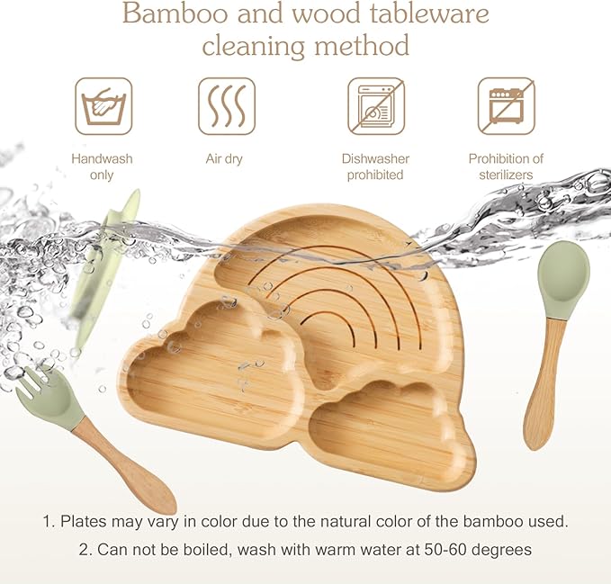 let's make Bamboo Suction Plates Bowls Set for Baby Toddler Divided Platter Food bowl with Silicone Fork & Spoon All-Natural Baby Feeding Set for Baby-Led Weaning, Non-Slip Design