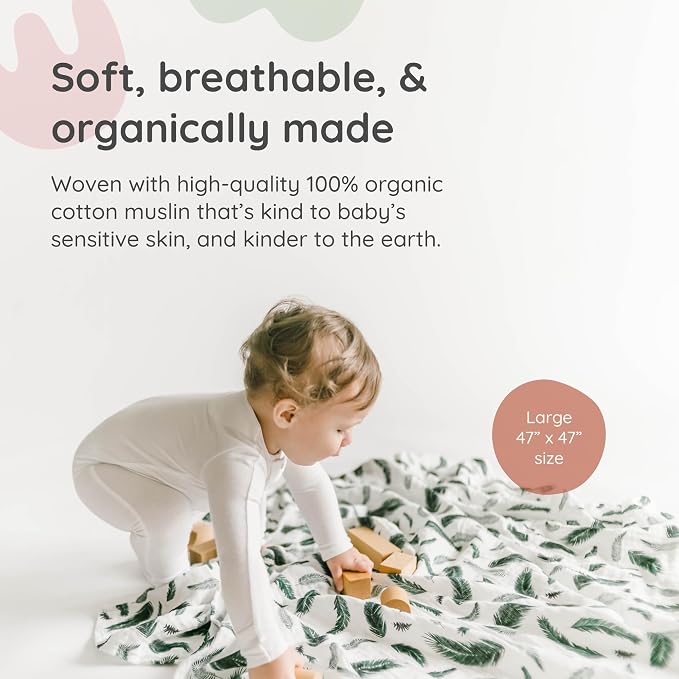 Margaux & May Organic Muslin Baby Swaddle – 100% Organic Cotton, Large 47” x 47” Newborn Swaddle, Soft & Breathable Muslin Swaddle Blanket, Blue Fern and Green Feather