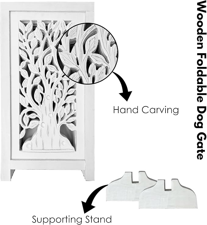 Decorative Wooden Dog Gate, 4 Panel Free Standing Folding Pet Fence, 56x28 Inch Indoor Dog Barrier for Doorway or Hallway, Sadie Design, White Antique