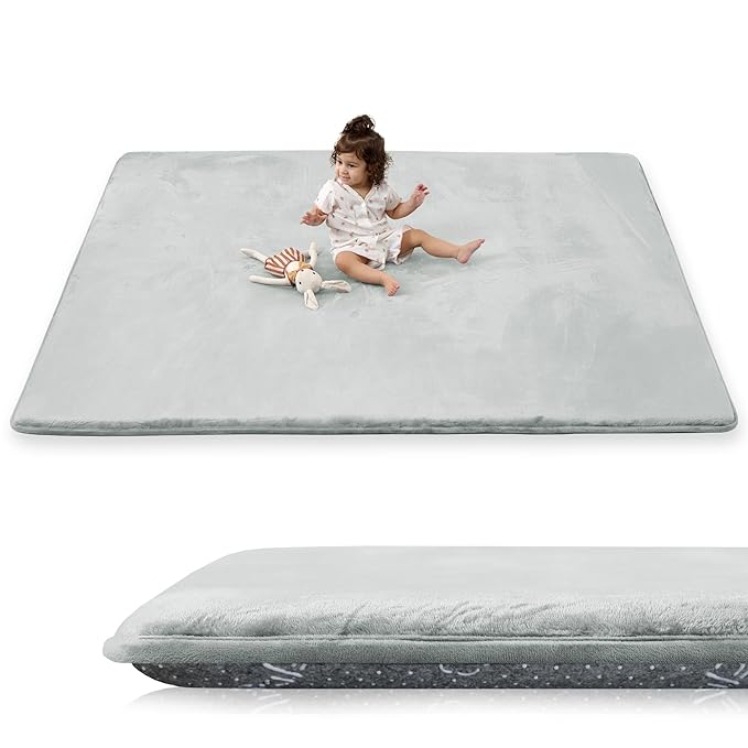 1.5" Super Thick Baby Play Mat for Floor, 79x118 Pro Soft Flannel Foam Mats for Toddler Infant Kids Crawling for Nursery Rug Playroom Living Room Waterproof Easy Care Non-Slip (Light Grey)