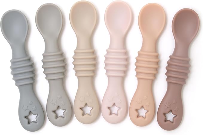 PrimaStella 6-Piece Silicone Baby Feeding Spoons - First Stage Infant Spoons, Soft-Tip Baby Training Spoon - Infant Utensils Feeding Supplies - Dishwasher & Boil-proof (Neutrals)