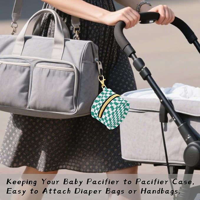 Checkered Plaid Green Pattern Pacifier Holder Case with Metal Clip Portable Pacifier Box for Newborn Baby