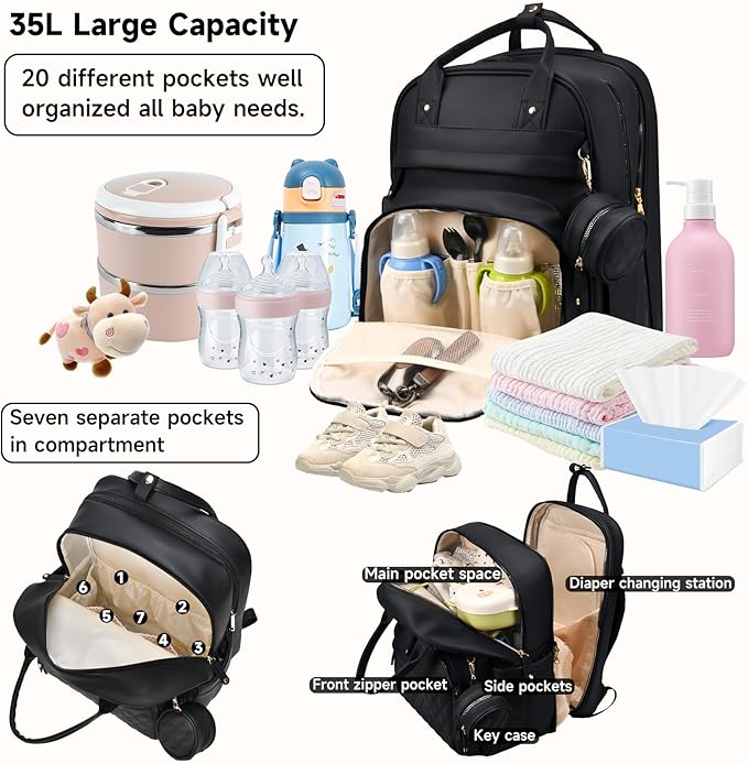 Leather Diaper Bags with Changing Station，Baby Bag，Large Capacity Diaper Bag Backpack for Moms Dads,Waterproof Diaper Backpack（Black）