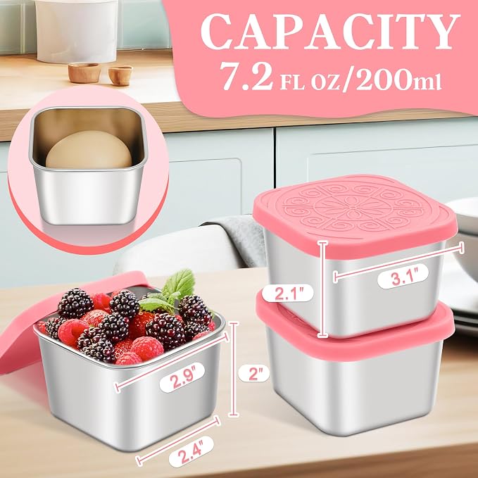 Qukaka Stainless Steel Snack Containers for Kids,7.2oz Easy Open Leak Proof Reusable Snack Box Container with Lids,Small Lunch Containers for Meal Prep,School,Picnic and Travel-3Pack