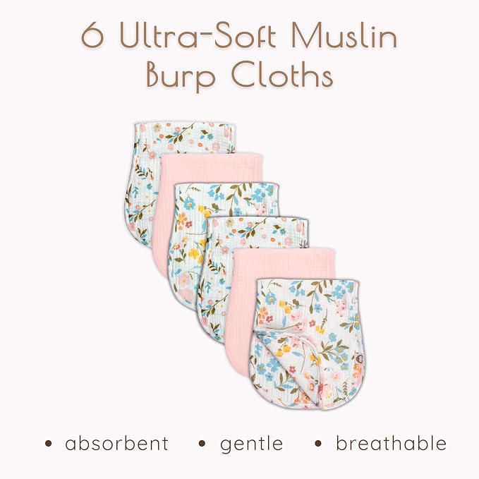 Muslin Burp Cloths for Baby Girl Set, 6 Pack 20"x9" 100% Cotton Burp Cloths Baby Girl, Large Absorbent Burping Cloth for Babies, Soft Muslin Baby Washcloths, Nursery Gift Set Pink Floral Design