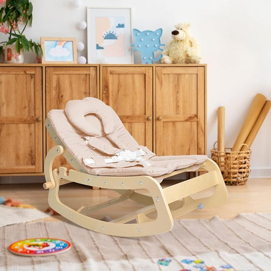 Baby Bouncer,Adjustable Baby Rocker, 3-in-1 Wooden Rocker Chair with 5-Point Harness, Recliner Seat for Infant to Toddlers,Beige
