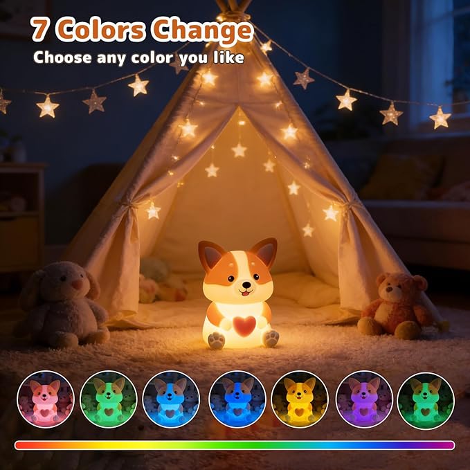 AVEKI Dog Night Light for Kids, Cute Puppy Gifts for Dog Lovers, Soft Silicone Puppy Lamp with 30M Timer and 3 Levels Brightness, 7 Colors Dimmable Baby Night Light for Nursery, Kids Room