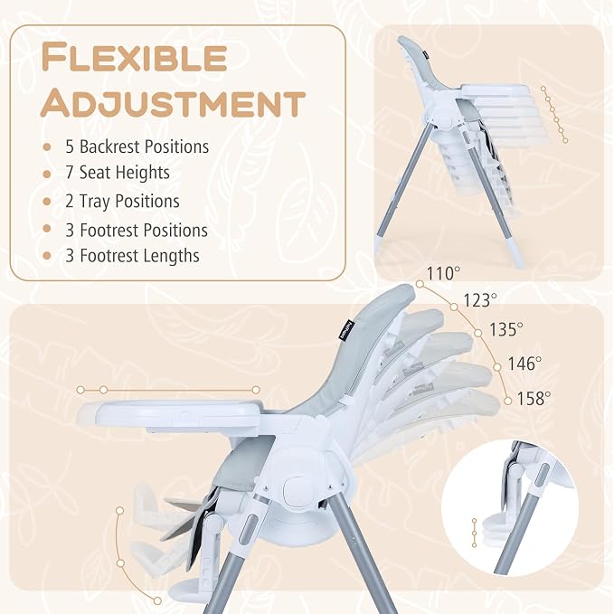BABY JOY Foldable High Chair, Portable Highchairs for Babies and Toddlers with 7 Heights, 5 Recline Positions, Adjustable Foot Rest, Double Removable Tray & Built-in Wheels (Light Gray)