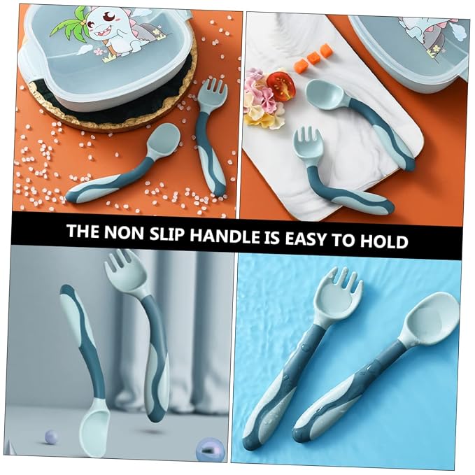 Mobestech 2 Sets Flexible Silicone Fork and Spoon Portable Lightweight Feeding Utensils in Safe Materials for Complementary Food Use