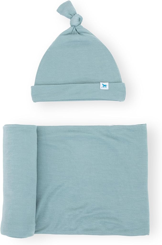 Little Unicorn Stretch Knit Swaddle and Hat Set | Super Soft | Large Baby Blanket for Swaddling, Burping, Nursing | Newborn Infant Beanie Cap | Harbor