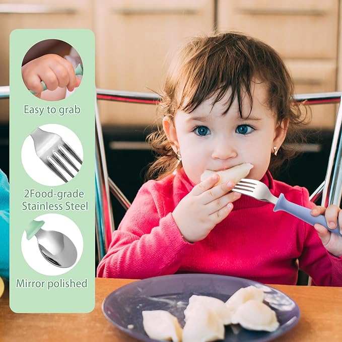 12 Pieces Toddler Utensils, Toddler Forks and Spoons, Kids Silverware Set with Plastic Handle Stainless Steel Silverware, Dishwasher Safe