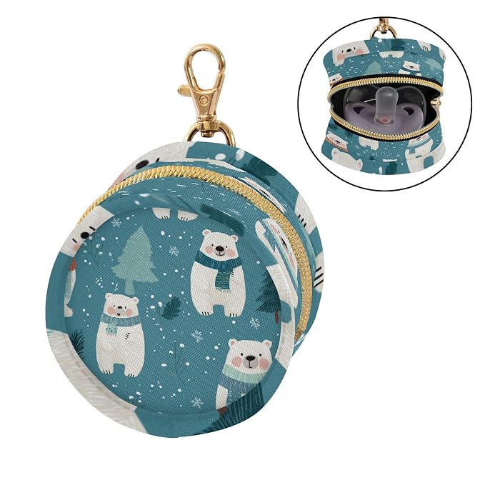 Pacifier Holder with Clip Pacifier Case for Diaper Bag Round Baby Pacifier Pouch Box Bag Portable Winter Blue Bears Trees Snowflake