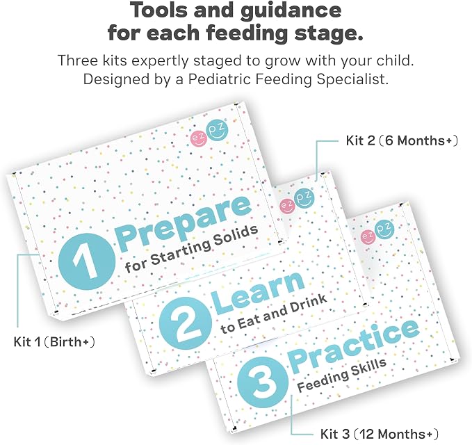 ezpz Kit 3: Practice Feeding Skills (Pewter) - Tools to Help Your Toddler Practice Scooping, Piercing, Straw Drinking, and Self-Feeding - Toddler Essentials & Gifts