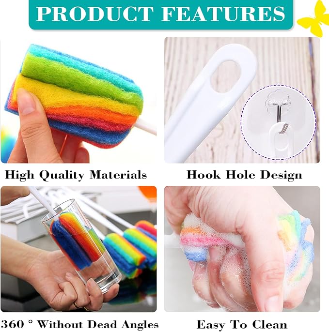 Bottle Brush Cleaner 4PCS Sponge Cleaning Brushes Long Handle Scouring Pad Scrub Brushes for Kitchen Clean Baby Bottle Glasses Mugs Cups (4 PCS)