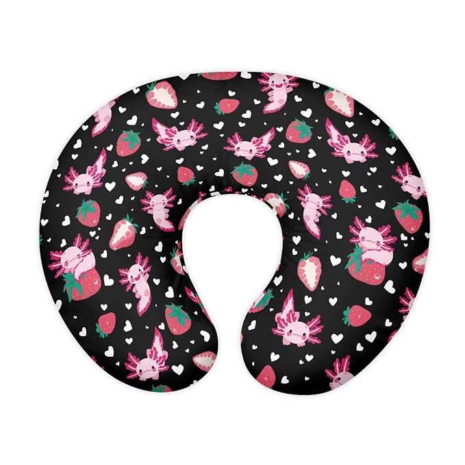 Baby Nursing Pillow Cover Positioner, Super Soft and Safe for Newborn Washable and Stretchy Pillow Cover with Hidden Zipper, Cute Axolotl Strawberry Pattern Gift