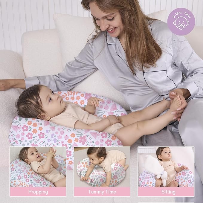Little Grape Land Nursing Pillow for Breastfeeding, Ergonomic Feeding Pillow with Removable Cover, Baby Feeding Pillow with Hidden Zipper Guard and Supportive Breathable Filling, Floral, Original