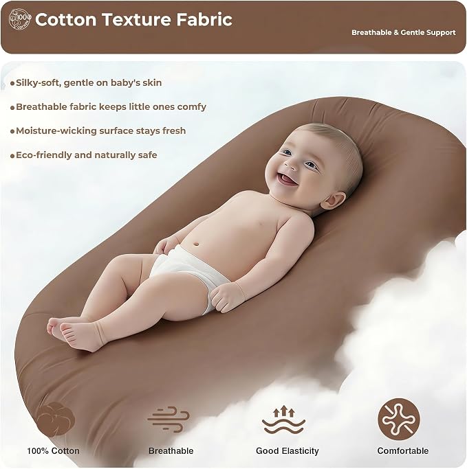 Infant Support Cushion - Baby Support Cushion for Newborn, 0-24 Months, Breathable Cotton Tummy Time Mat, Supervised Use, Portable Newborn Essentials for Home and Travel, Brown (Cover Included)