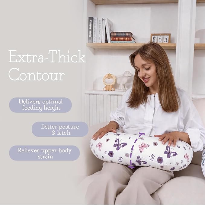 Little Grape Land Muslin Nursing Pillow, Soft 100% Cotton Breastfeeding Pillow with Breathable Removable Cover, Purple Butterfly Breast Feeding Pillows for Babies 0-12 Months with Protective Zipper