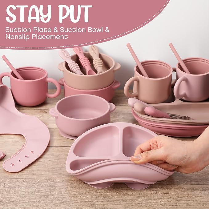 Yinder 24 Pack Silicone Baby Feeding Set Baby Led Weaning Essentials Suction Divided Plate Bowl Spoon Fork Adjustable Bib Snack Cup Straw for 6+ Months(Dark Pink, Dusty Pink, Peach Color)