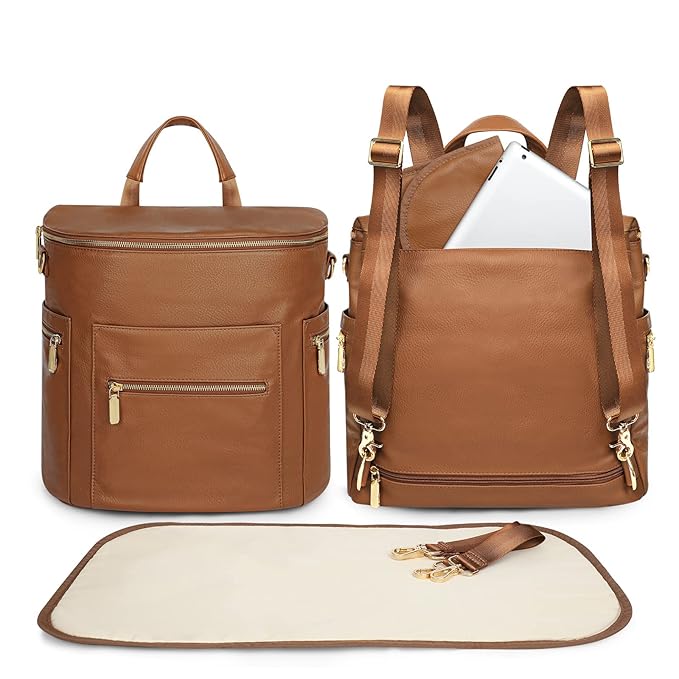 miss fong Diaper Bag Backpack Baby Diaper Bag, Large Leather Diaper Bag Backpack with Changing Pad,Pañaleras Para Bebe for Moms, Stroller Straps, and 2 Insulated Pockets(Convertible, Brown)