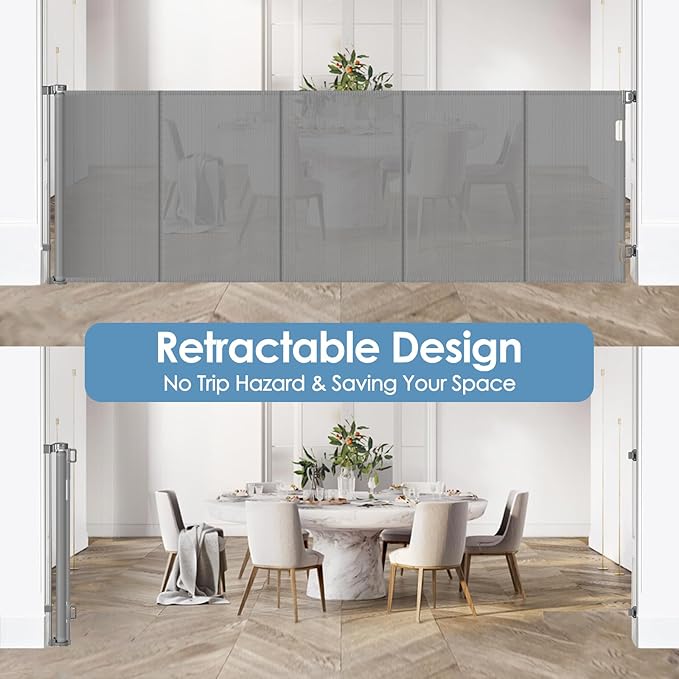 Reinforced 100” Wide Retractable Baby Gates with Support Rods, Upgrade Extra Long Dog Gate for Doorways, Reinforced Retractable Pet Gate to Prevent Crawling Through, Mesh Gate for Kids and Pets (Gray)
