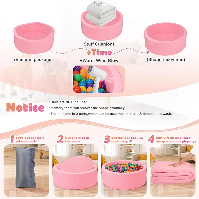 Imitation Teddy Foam Ball Pits 35.4"x 11.8" Soft Round Playpen for Toddlers and Pets with Soft Memory Sponge for Babies Indoor and Outdoor Game Pink (Balls not Included)