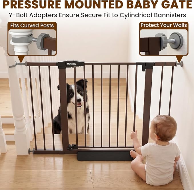 Mumeasy 29.7-46" Baby Gate for Stairs, Pressure Mounted Dog Gate for Doorways, Auto Close Walk Through Pet Gate Indoor, Extra Wide Metal Child Safety Gate, Mom's Choice Awards Winner, Brown