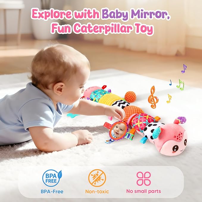 Baby Sensory Toys for 0-6 6-12 Months, Musical Stuffed Caterpillar Animal Toys for Infant 3 6 9 12 18 Months, Tummy Time Toys with Mirror Rattle Crinkle for Newborn Boys Girls Shower Gifts