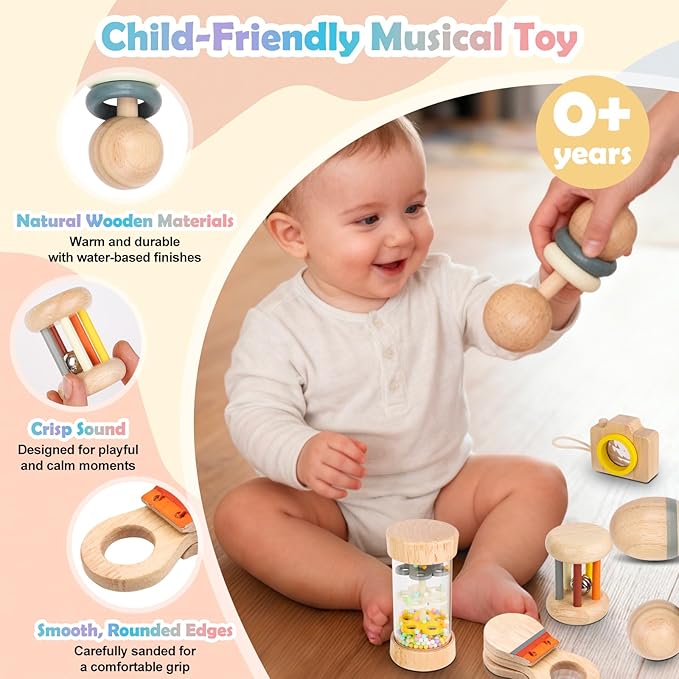 Montessori Wooden Baby Toys 7-in-1 Sensory Set for Babies 0??2 Months, Rain Sound Tube & Rattle Roller, Sensory Musical Gift for Baby Boys and Girls with Storage Bag