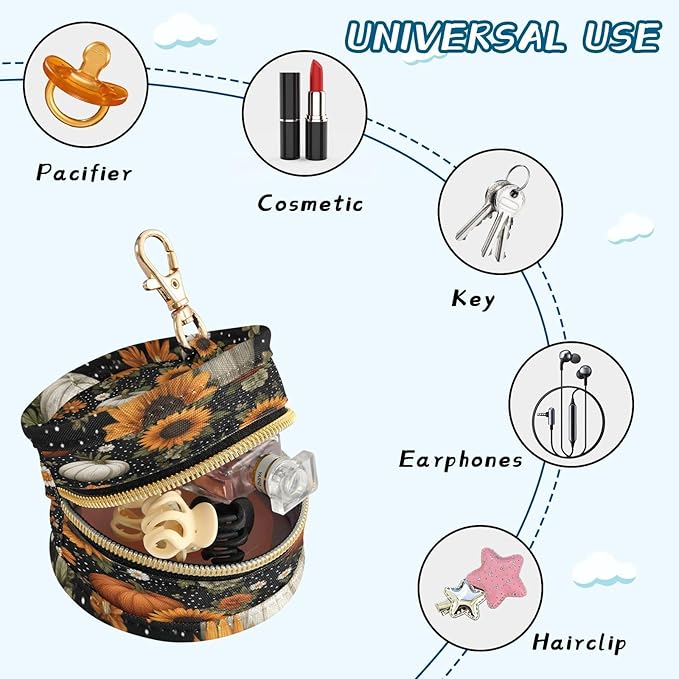 Pacifier Holder with Clip Pacifier Case for Diaper Bag Round Baby Pacifier Pouch Box Bag Portable Black Dotty Pumpkins Sunflowers Daisy