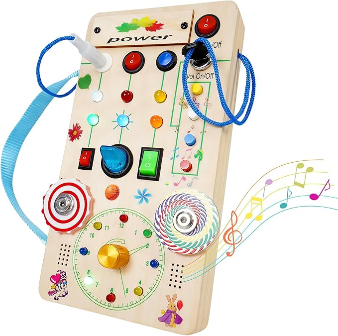 Montessori Wooden Busy Board with LED Light Up Switches & Music and Spinning Top, Toddler Sensory Educational Fidget Board, for 1+ Year Old Baby and Toddler