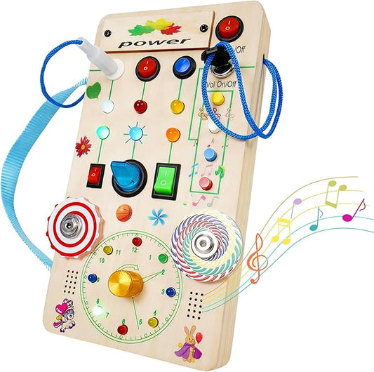 Montessori Wooden Busy Board with LED Light Up Switches & Music and Spinning Top, Toddler Sensory Educational Fidget Board, for 1+ Year Old Baby and Toddler