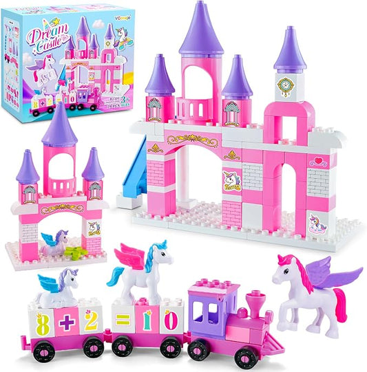 Classic Building Blocks for Toddlers - Compatible with Major Brands, Unicorn Theme Princess Castle & Number Trains Classic Bricks, Creative Educational Buildable Kits for Girls Boys Ages 3, 4, 5, 6-12