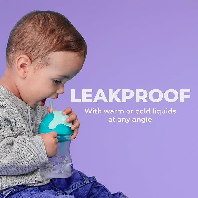 b.box + Lansinoh Time to Sip Starter Cup Set (3m+ to Toddler) | 1 Cup with 4 Lids ??Nipple, Spout, Weighted Straw, Training | BPA-Free, Dishwasher Safe, Easy-Grip | 8 Ounces | Tropical Sea