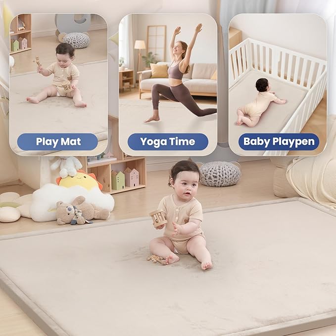 Baby Play Mat for Floor,1.3" Thick Elasti Foam Tummy Time Mat,79"×158??Extra Large Soft Coral Velvet Nursery Rug,Non Slip Safe for Crawling,Toddlers,Infants,kids,Tatami Style for Living Room,Classroom,Playroom(Beige)