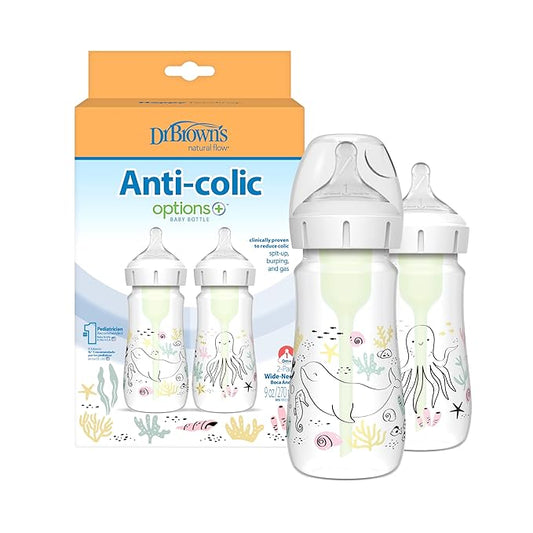 Dr. Brown's Anti-Colic Options+ Wide-Neck Baby Bottle Designer Edition Bottles, Ocean Decos, 9 oz/270 mL, Level 1 Nipple, 0m+, 2-Pack
