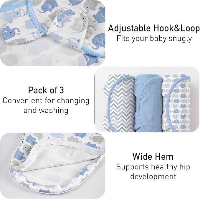 GLLQUEN BABY Swaddles for Newborns with Zipper Smooth & Gentle Wear, Baby Boy Swaddles 0-3 Months, Reduce Startle Reflex Womb-Like Sleep Sack Wrap Blankets Chevron & Baby Blue Elephant
