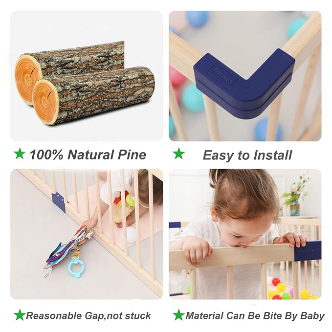 Baby Playpen,Wooden Playpen,Large Wood Adjustable Play Fence,Kid’s Play Space,Wood Baby Playard, Indoor Outdoor Blue Play are with Gate for Infants, Toddlers