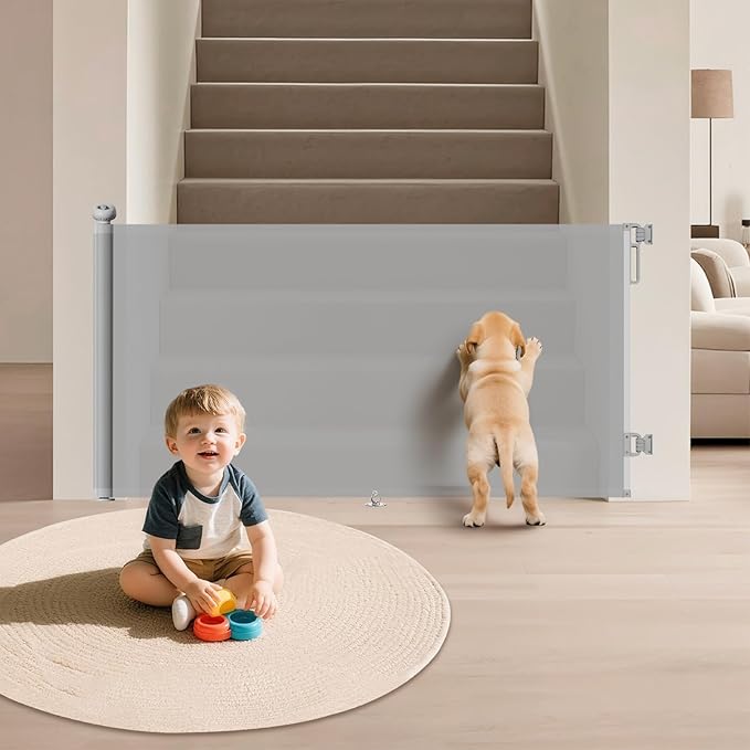 Retractable Baby Gate for Stairs & Doorways, Mesh Safety Gate for Child & Dogs, Child Gate with Door, 34" Tall, Extends Up to 71" Wide Baby Proofing for Home (Gray)