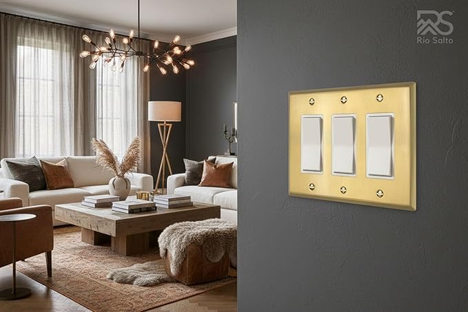 Rio Salto BRASS Signature Collection Brushed Brass Gold Metal Outlet Cover, Decorative Light Switch Cover Plate Wall Plate, Premium, Triple Rocker 3-Gang, 6.33" X 4.50" Standard Size