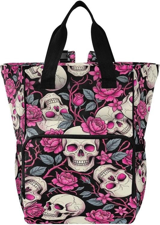 Hot Pink Skull Print Diaper Bag – Insulated Bottles, Stroller Straps