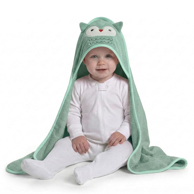 Delta Children Baby/Infant Hooded Bath Towel - Super Soft and Absorbent- Newborn Essential - Ideal Baby Registry/Shower Gift for Boys and Girls, Light Teal Owl