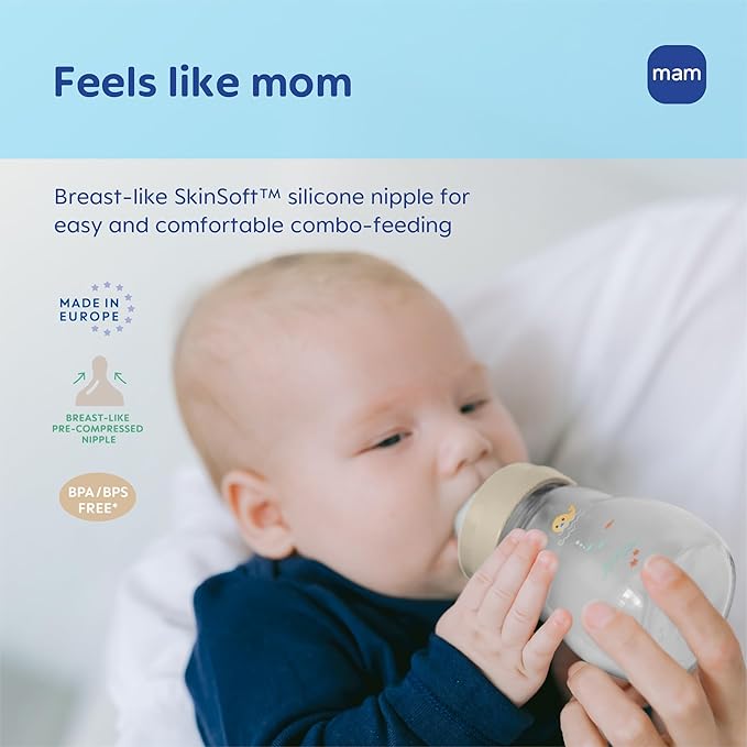 MAM 9oz Premium Glass Wide Neck Baby Bottle with Medium Flow Breastfeeding-Like Silicone Nipple, Easy to Clean, BPA Free, 2+ Months, Easy Switch Between Breast and Bottle, Made in Europe, 3 Pack