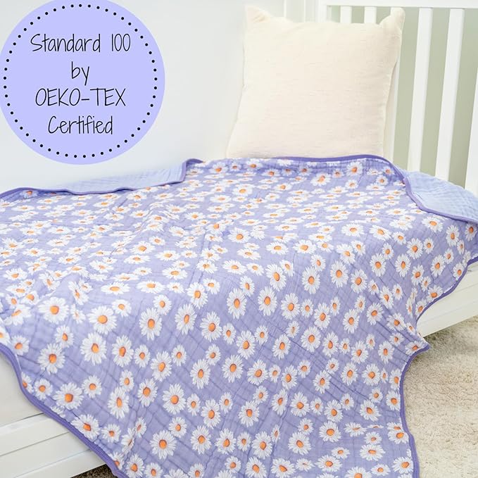 LollyBanks Muslin Baby Blanket, 100% Cotton Muslin Quilt for Girls, 47 x 47 Inches Toddler Blanket, Cozy 6 Layers Baby Blanket, Soft and Breathable Baby Quilt, Baby Essentials, Registry (Daisy Print)