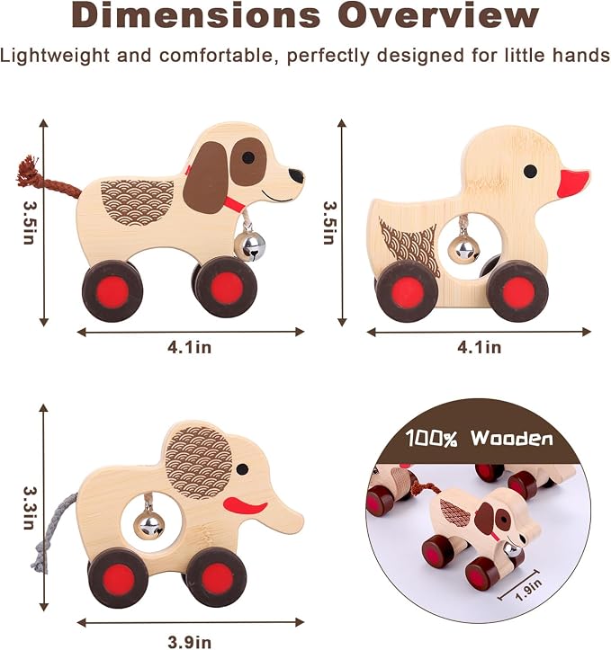Wooden Animal Rattle with Bell - Baby Toys 6-12 Months & Toddler Toys 1-3 Years | Montessori Sensory Shakers, Nursery Decor Gift Set (Dog, Duck, Elephant)