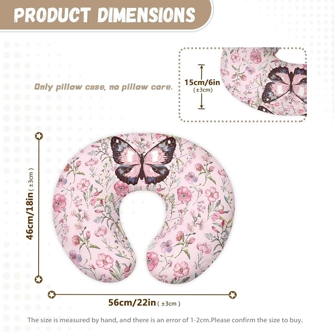 Pink Flower Butterfly Baby Fashion Nursing Pillow Cover Baby Breastfeeding Slipcover Newborn Safety and Comfy Cover for Daily Life, 1 Pack