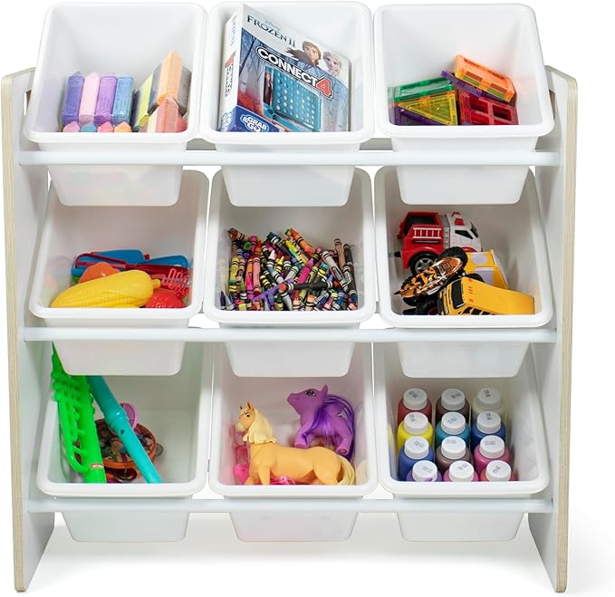 Humble Crew 9-Bin Toy Organizer ??Hampton Sandwashed with White Plastic Bins, 3-Tier Storage Solution for Kids' Playrooms and Nurseries