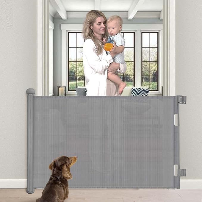 Retractable Baby Gate, Upgraded One-Way Lock Mesh Dog Gate Tall 34”, Extends up to 71” Extra Wide Pet Gate and Safety Child Gate for Stairs, Doorways, Hallways, Banisters, Indoors, Outdoors